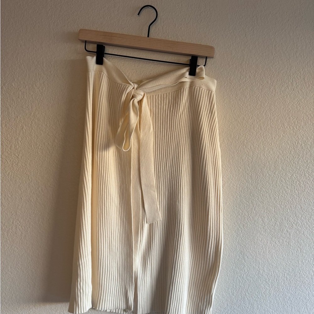 Cream Ribbed Knit Skirt with Tie Waist